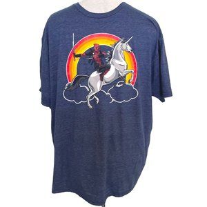 Marvel X-Men Deadpool T-Shirt Size 2X Riding a Unicorn with Rainbow Background